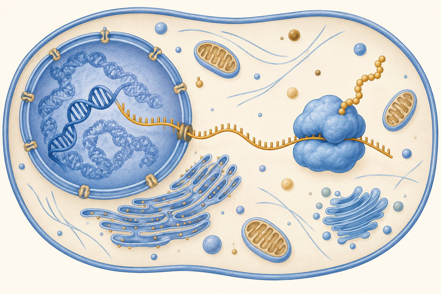 Cellula schematica con DNA nel nucleo, filamento di RNA che esce dal nucleo verso un ribosoma nel citoplasma e catena proteica nascente.