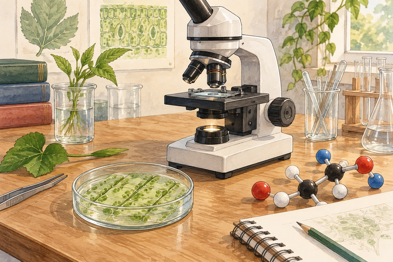 Banco di laboratorio con microscopio, foglie e un modello a sfere generico.