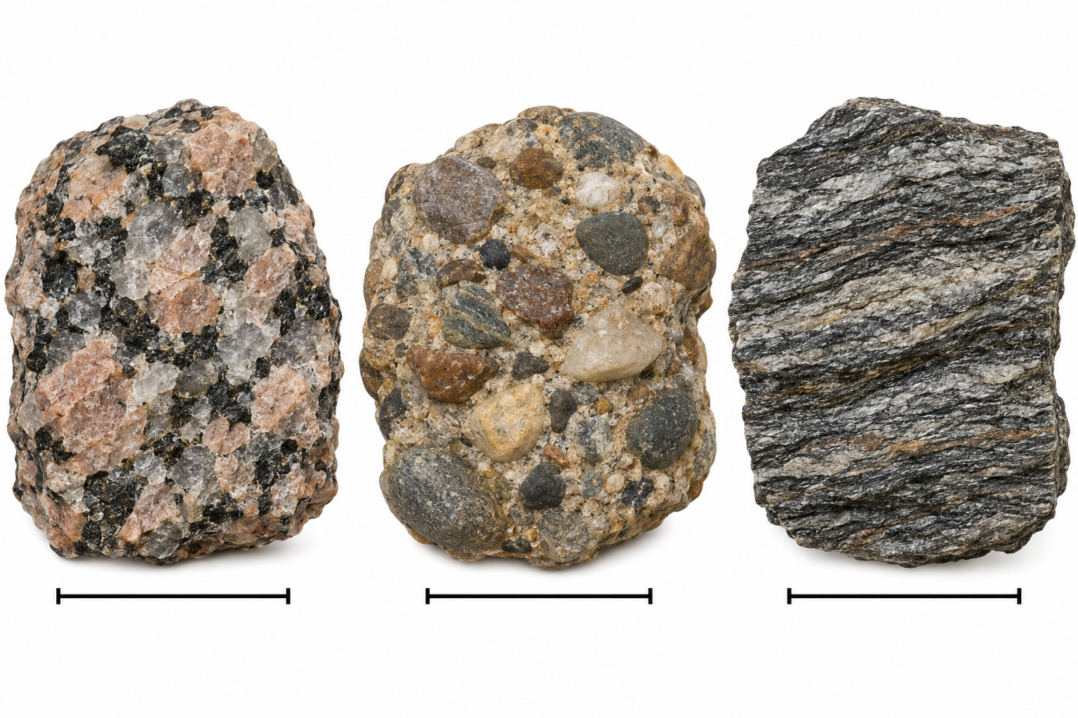 Tre campioni illustrativi mostrano, da sinistra, cristalli interconnessi, clasti arrotondati cementati e bande minerali orientate; sotto ciascuno compare una barra priva di unità.