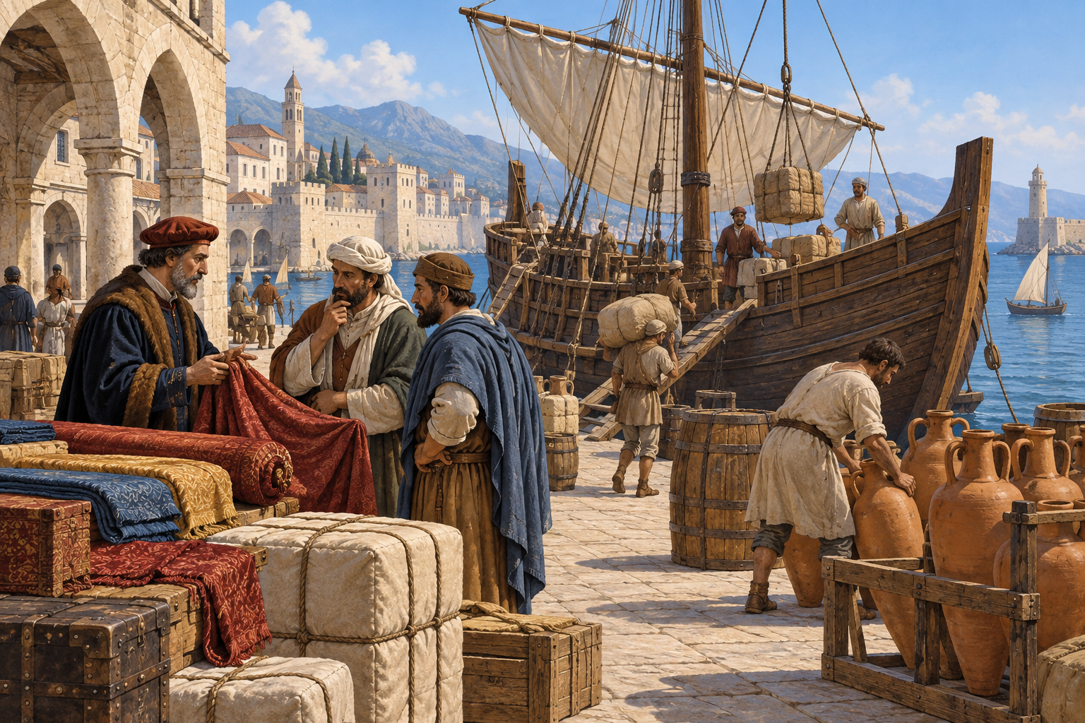 Porto mediterraneo medievale immaginario con nave, tessuti, anfore e mercanti.