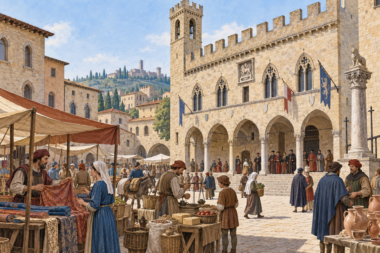 Piazza di una città medievale italiana con mercato, passanti e un edificio civico sullo sfondo.