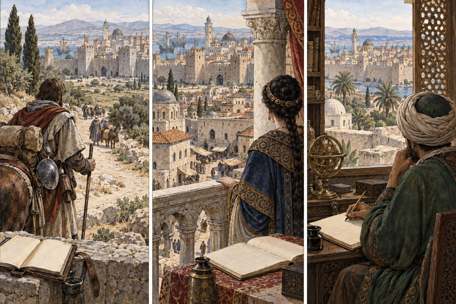 Tre osservatori situati guardano una stessa città del Mediterraneo orientale da strada, balcone e studio: la testimonianza cambia con la prospettiva.