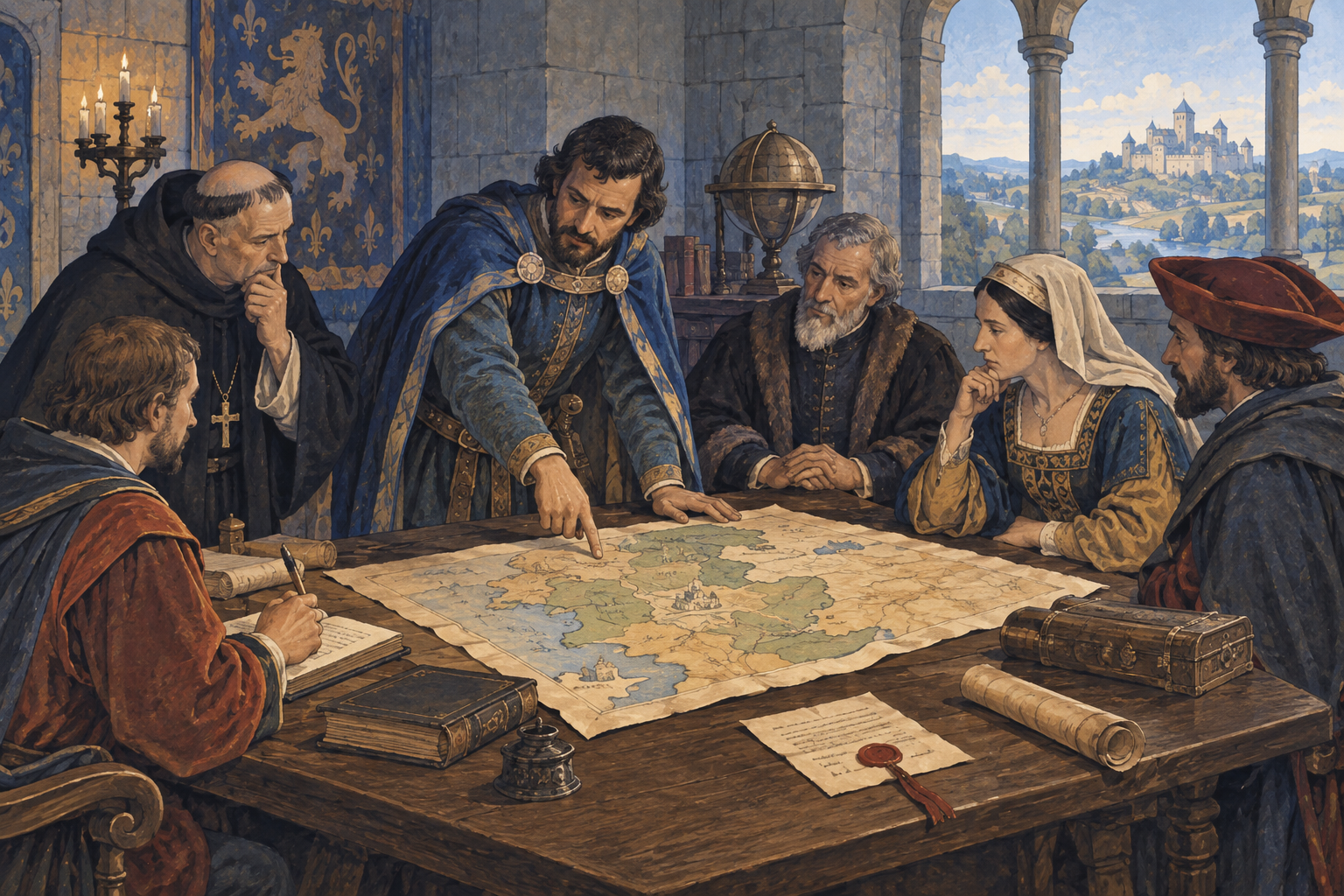 Consiglio medievale immaginario osserva una carta del territorio.