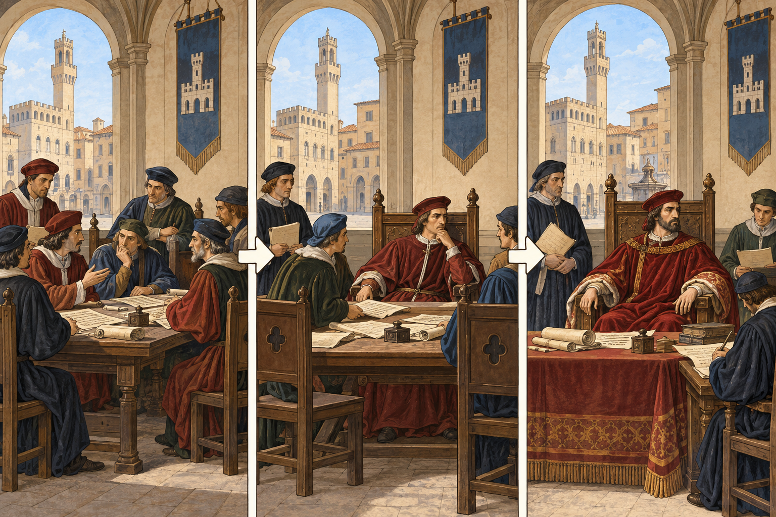 Tre scene mostrano il passaggio da deliberazione comunale condivisa a maggiore concentrazione personale del potere, con continuità di uffici e documenti.
