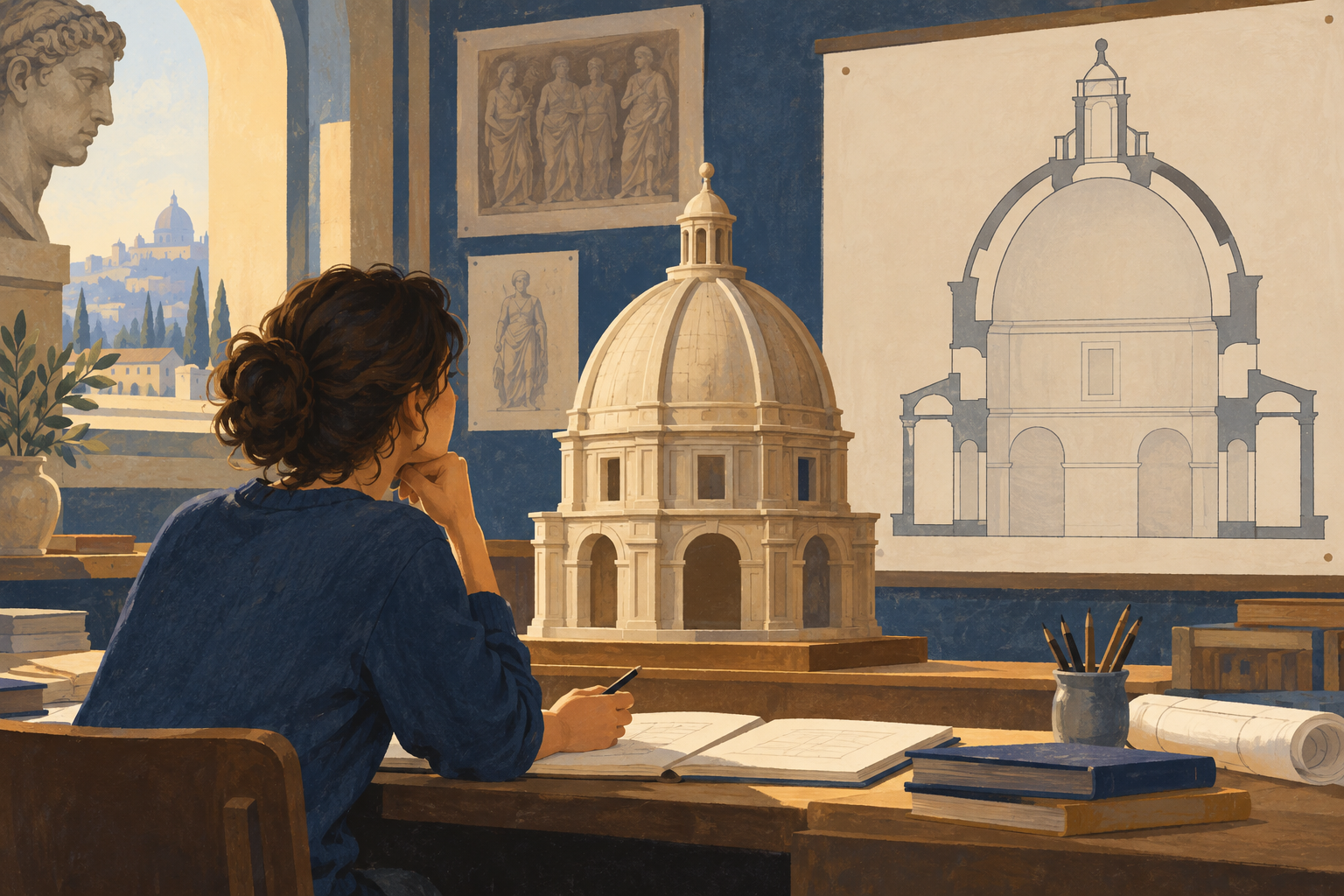 Modello architettonico di cupola generica accanto a una sezione disegnata.