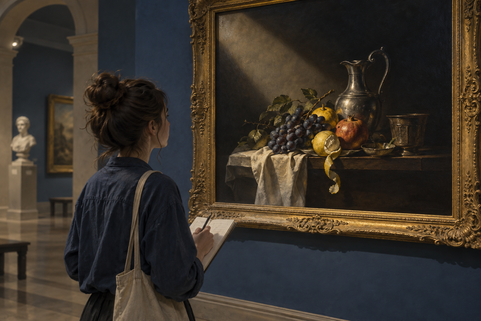 Studentessa in museo osserva una natura morta immaginaria con forte contrasto di luce e ombra.