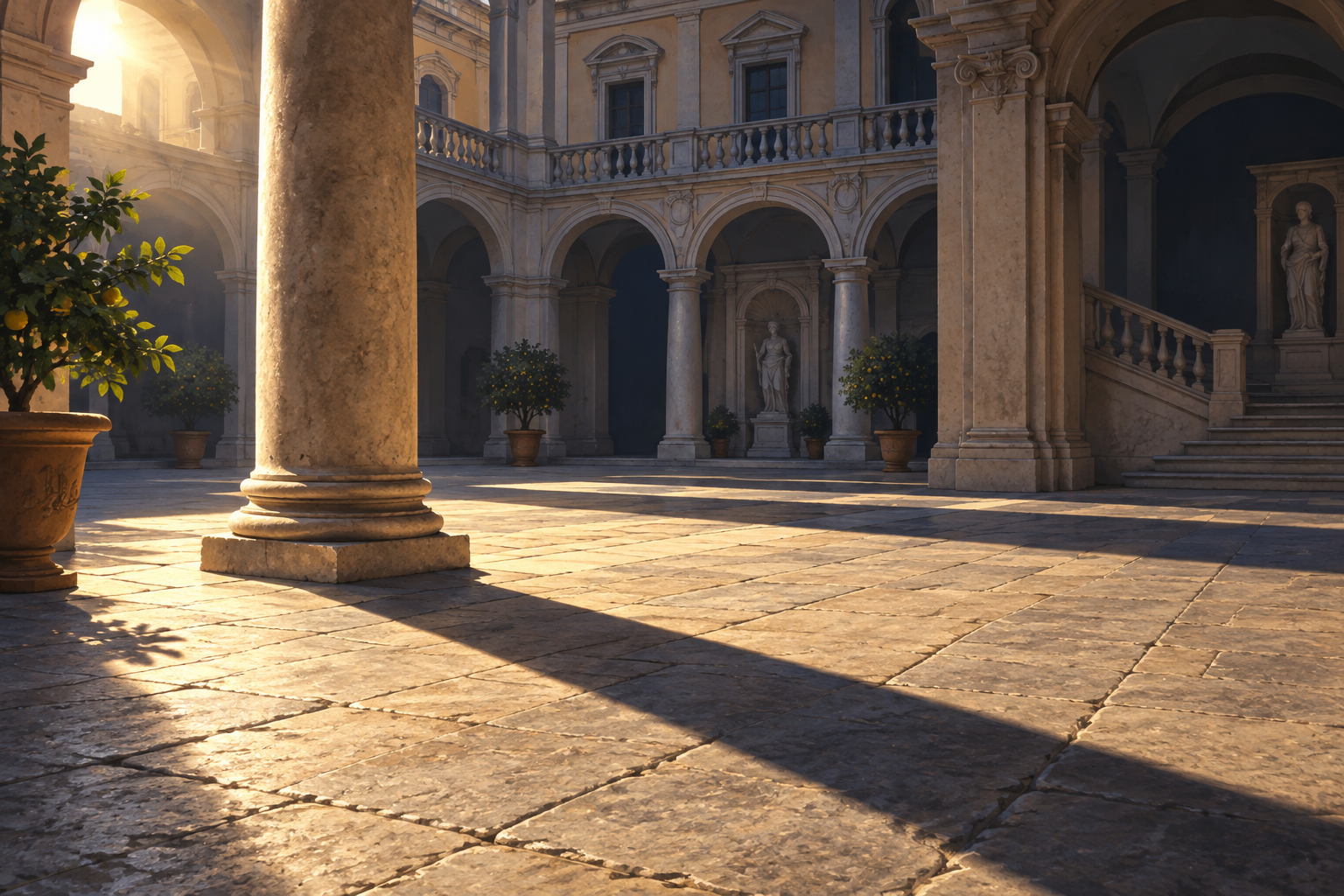 Cortile di aspetto barocco con una colonna e un'ombra evidente proiettata sul pavimento dalla luce laterale.