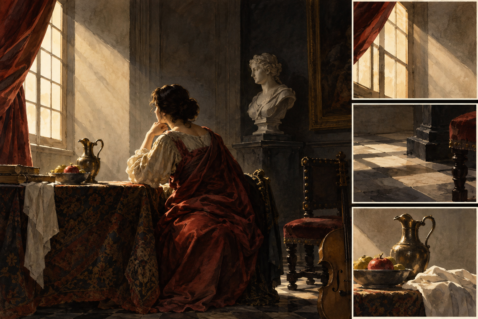 Interno barocco inventato con luce laterale, ombre e tre dettagli ingranditi che guidano l'osservazione dell'effetto luminoso.
