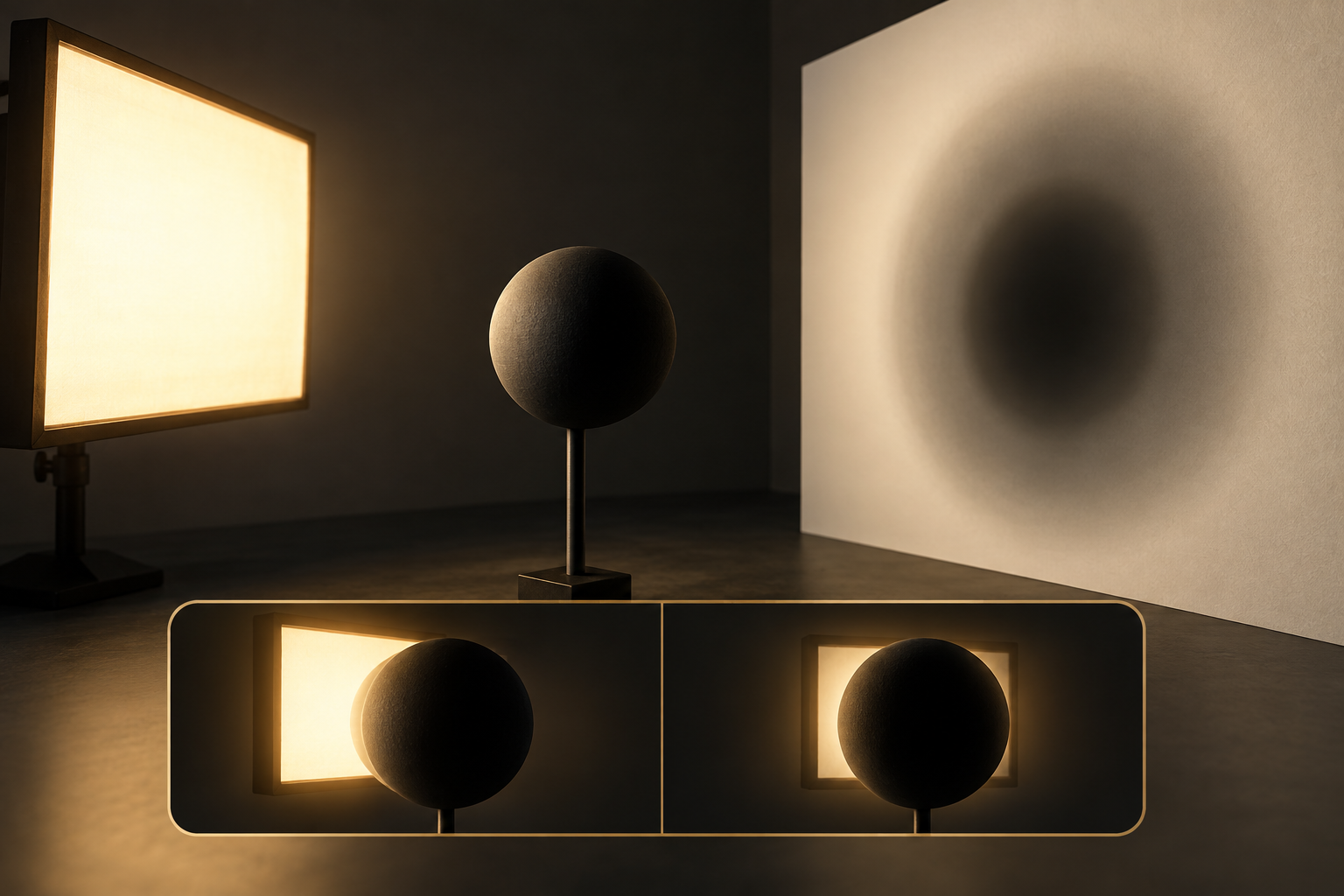 Una sorgente luminosa estesa illumina una sfera opaca: sullo schermo la zona d'ombra centrale sfuma nella penombra; in basso due punti di vista mostrano quanta sorgente resta visibile.