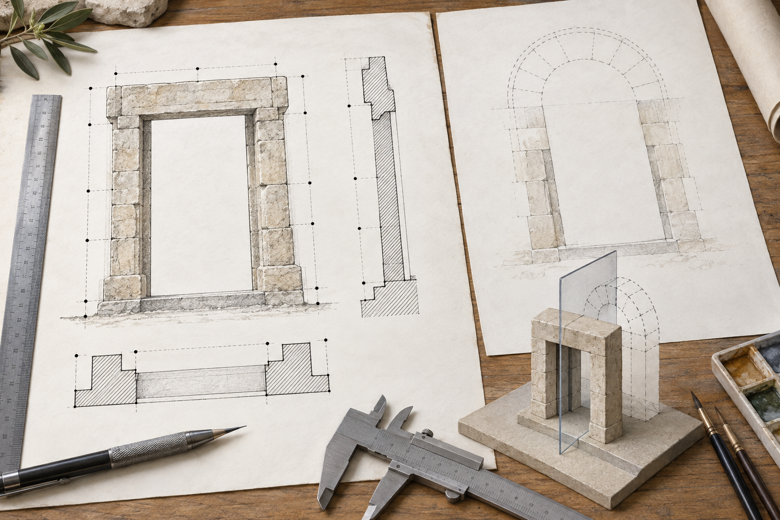 Rilievo misurato di una porta su un foglio e ricostruzione ipotetica tratteggiata dell'arco su un altro, con sezione di un modello.