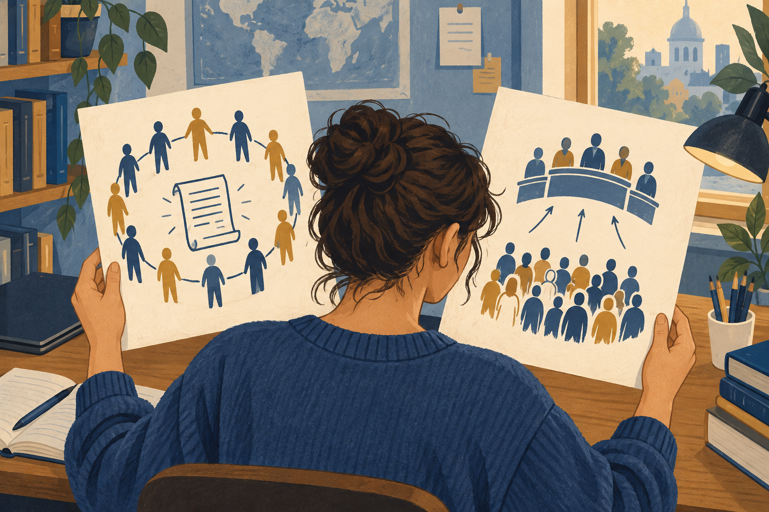 Studenti moderni disegnano uno schema di accordo civico senza nomi o citazioni.