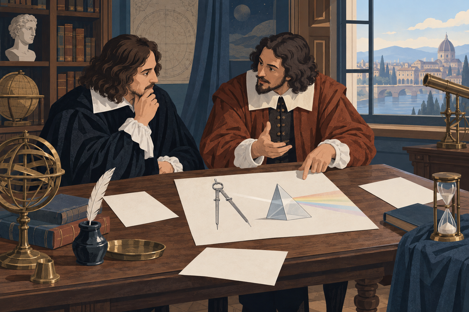 Due studiosi in uno studio di aspetto seicentesco discutono un foglio con un prisma e un compasso senza formule leggibili.