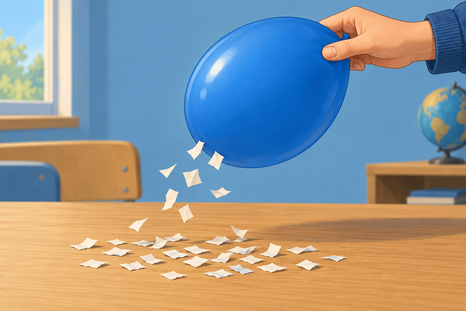 Palloncino colorato vicino a piccoli ritagli di carta su un banco di laboratorio.