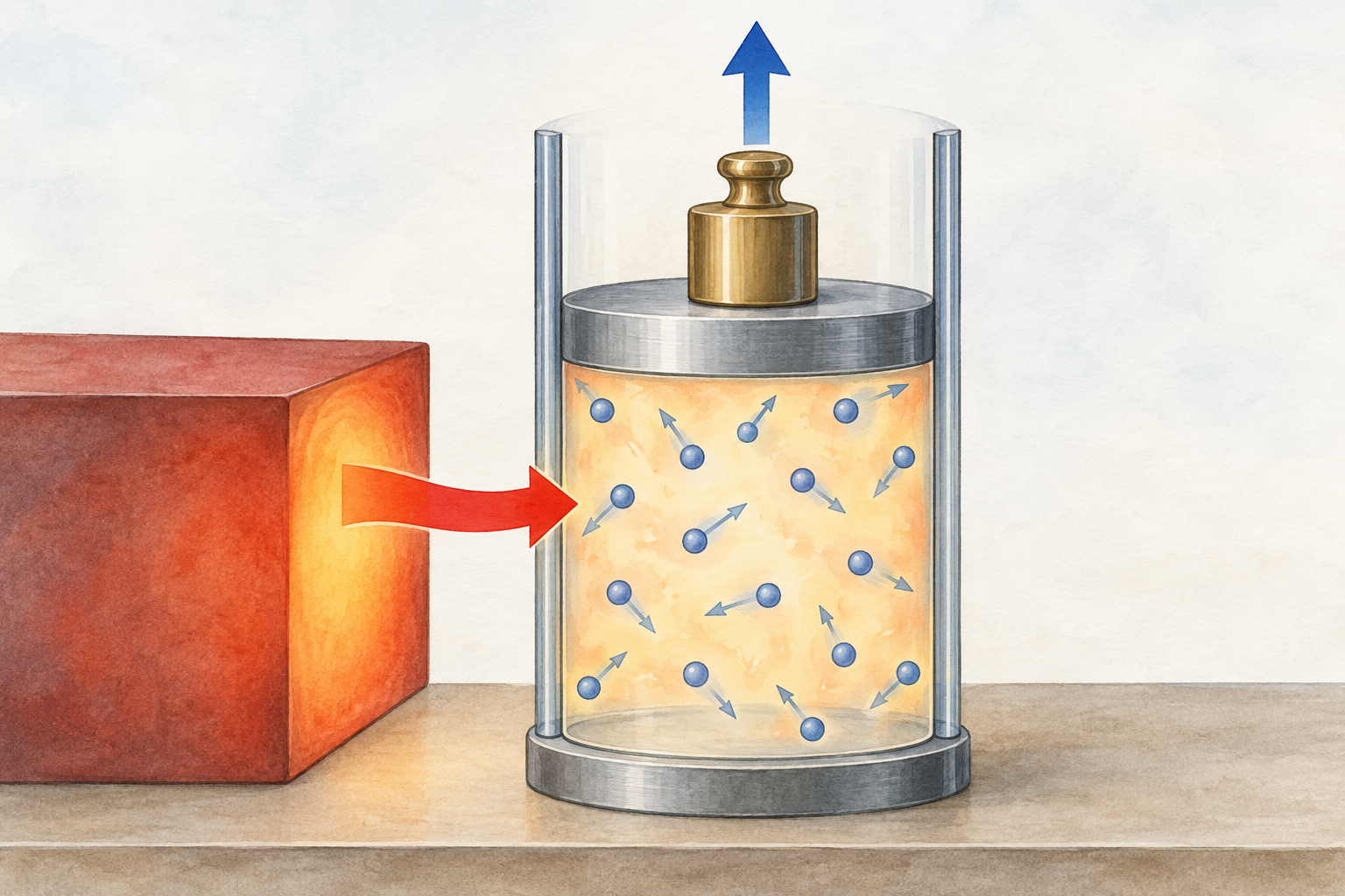 Un gas riceve calore da una sorgente calda e, espandendosi, solleva direttamente il pistone con un peso: lavoro compiuto dal sistema.