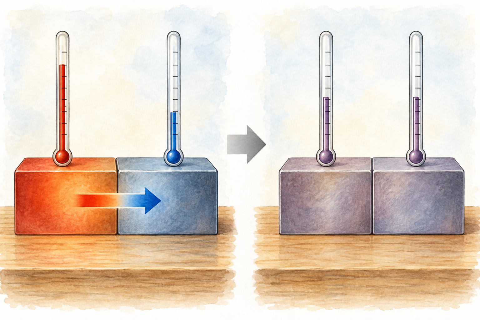 Due blocchi a temperature iniziali diverse scambiano calore dal caldo al freddo; dopo il contatto i termometri indicano la stessa temperatura.