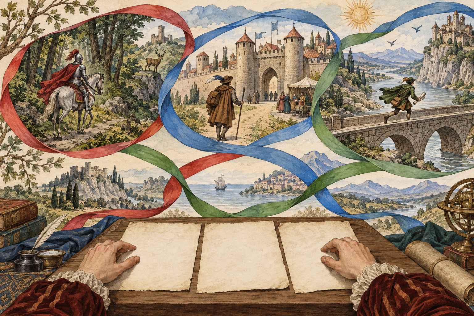 Tre fili colorati intrecciano scene avventurose differenti sopra i fogli di un narratore, a indicare alternanza di storie e voci.