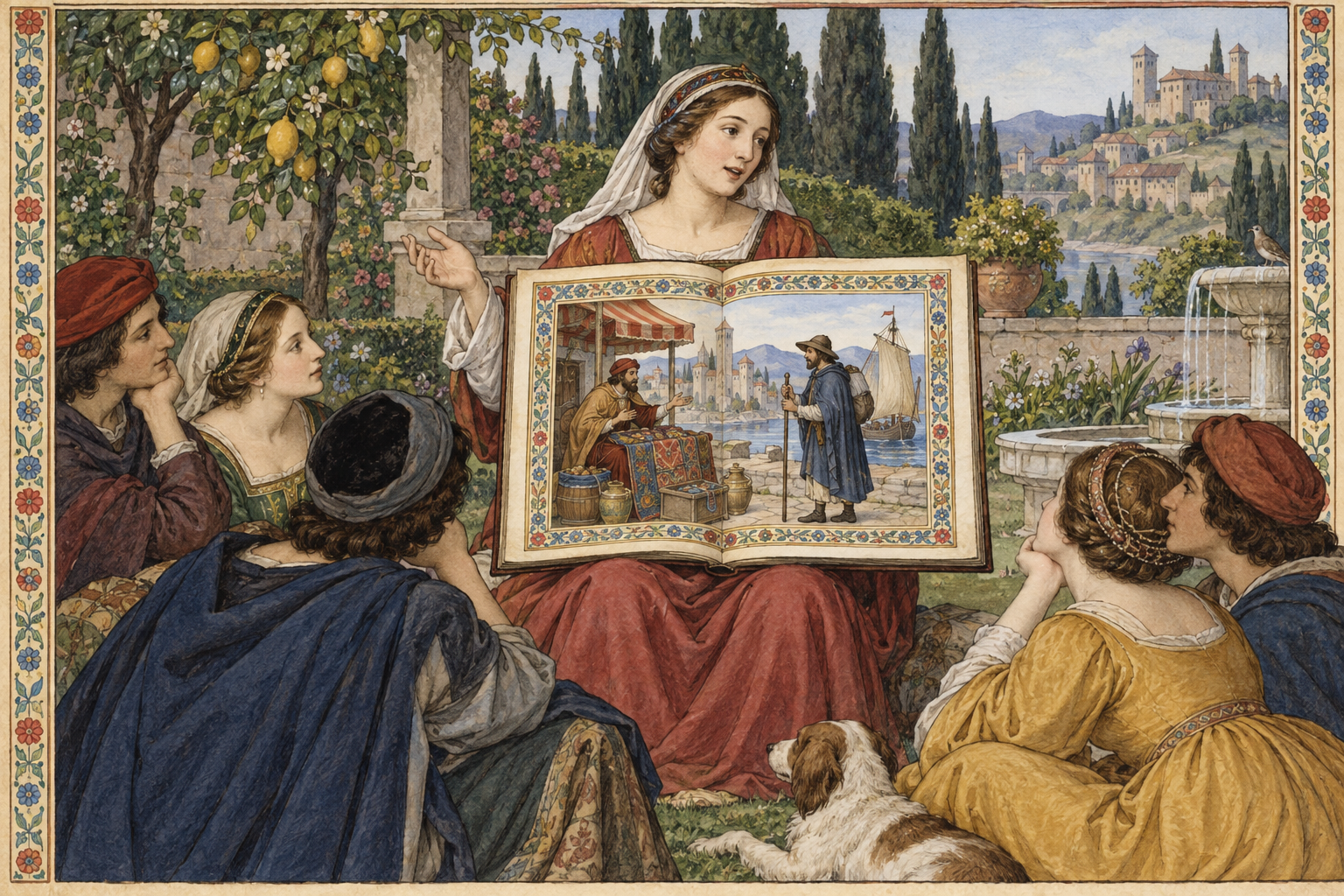 Nel giardino una narratrice parla a un gruppo; nel libro aperto appare una scena inventata, distinguendo cornice, voce narrante e racconto interno.