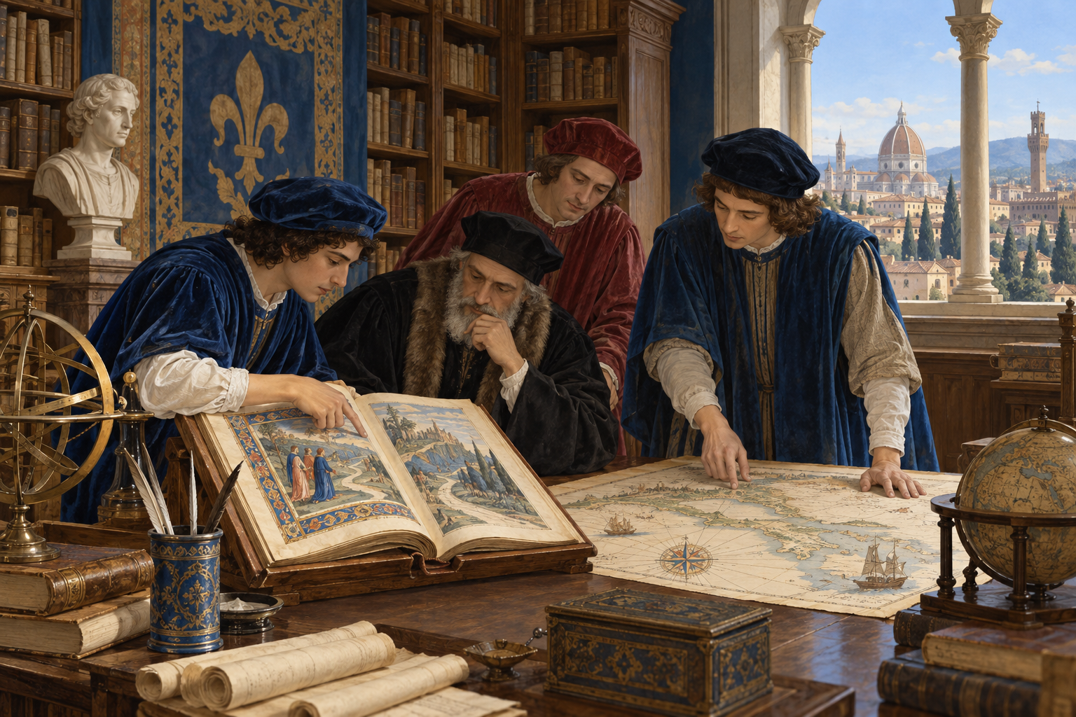 Studiosi e letterati in una corte rinascimentale immaginaria con mappe e carte.