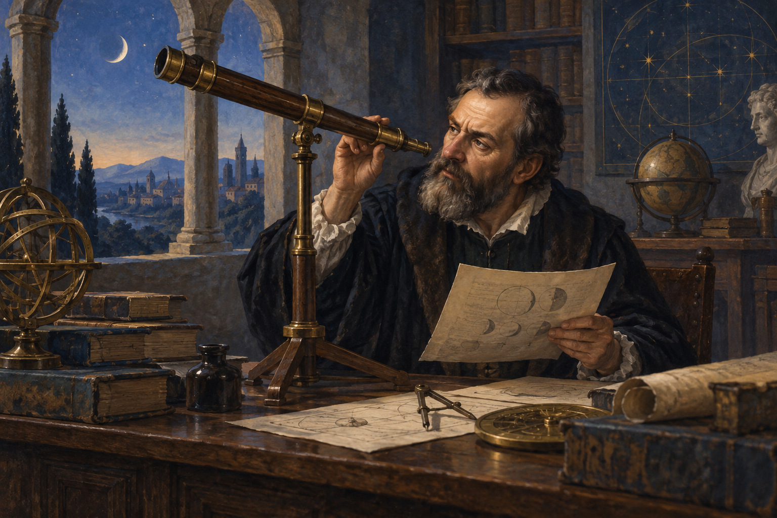 Studioso della prima età moderna con cannocchiale e fogli astronomici indistinti in uno studio.