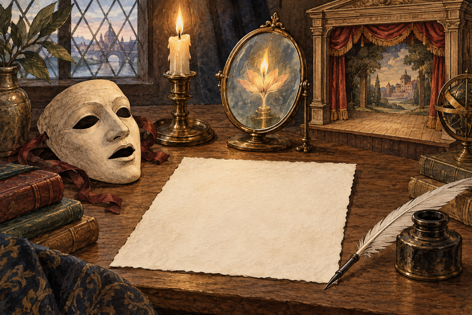 Un foglio vuoto è circondato da maschera, palcoscenico e un riflesso di fiamma simile a un fiore: indizi per leggere una metafora nel contesto.