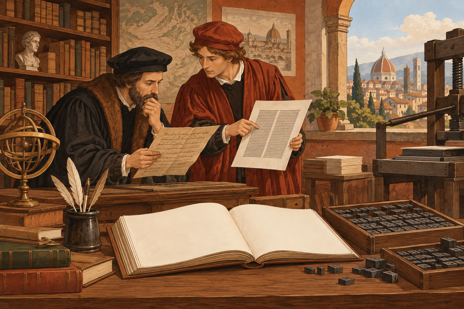 Due studiosi in uno studio italiano di aspetto rinascimentale confrontano un manoscritto e un foglio stampato vicino a un torchio.