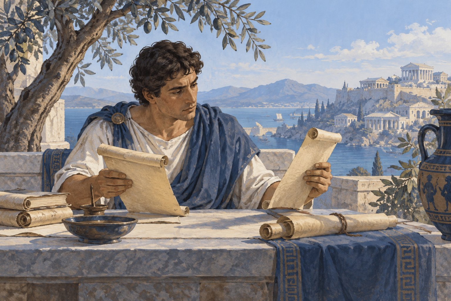 Lettore romano anonimo confronta due rotoli su un tavolo all'aperto; non vi sono parole leggibili.
