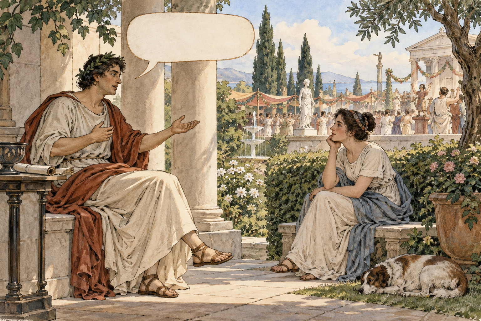 Un io poetico antico inventato parla a una destinataria in un giardino; la scena di festa sullo sfondo suggerisce di distinguere voce, interlocutore e situazione.