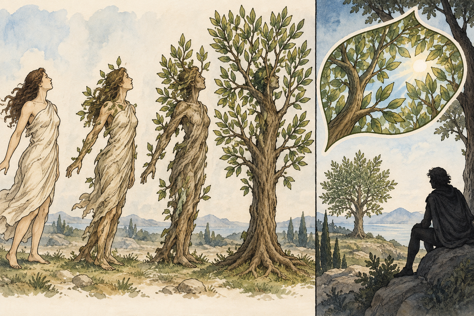 Una figura inventata muta progressivamente in albero; un osservatore separato mostra che trasformazione e voce che racconta non coincidono.