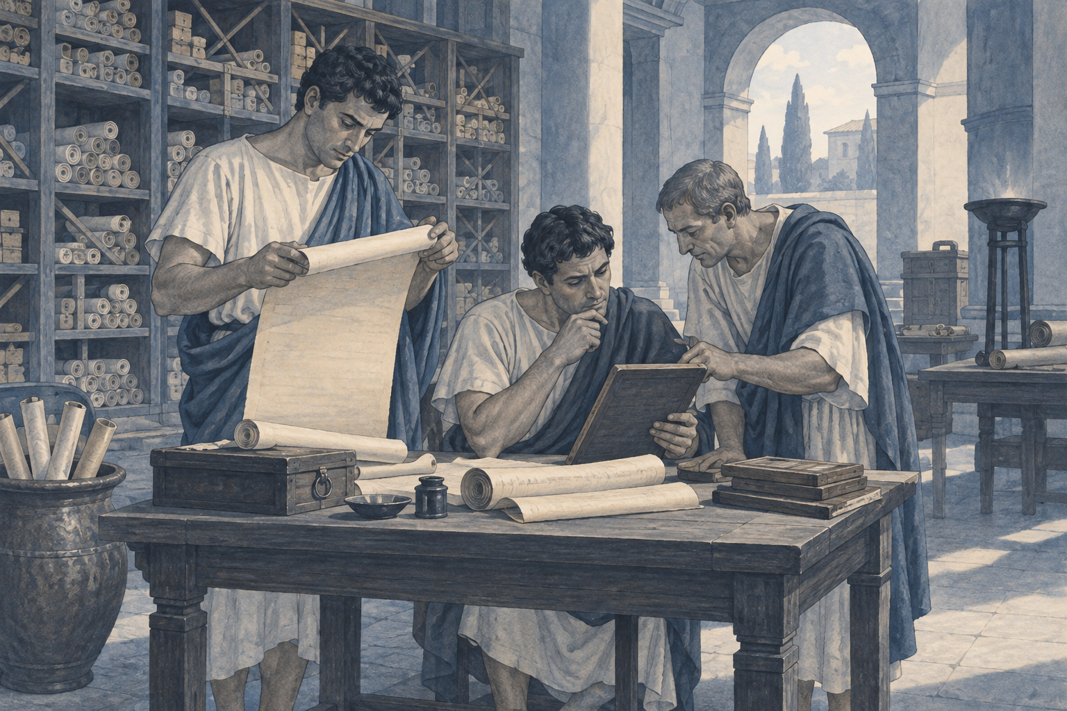 Archivio romano immaginario con rotoli privi di scrittura leggibile.