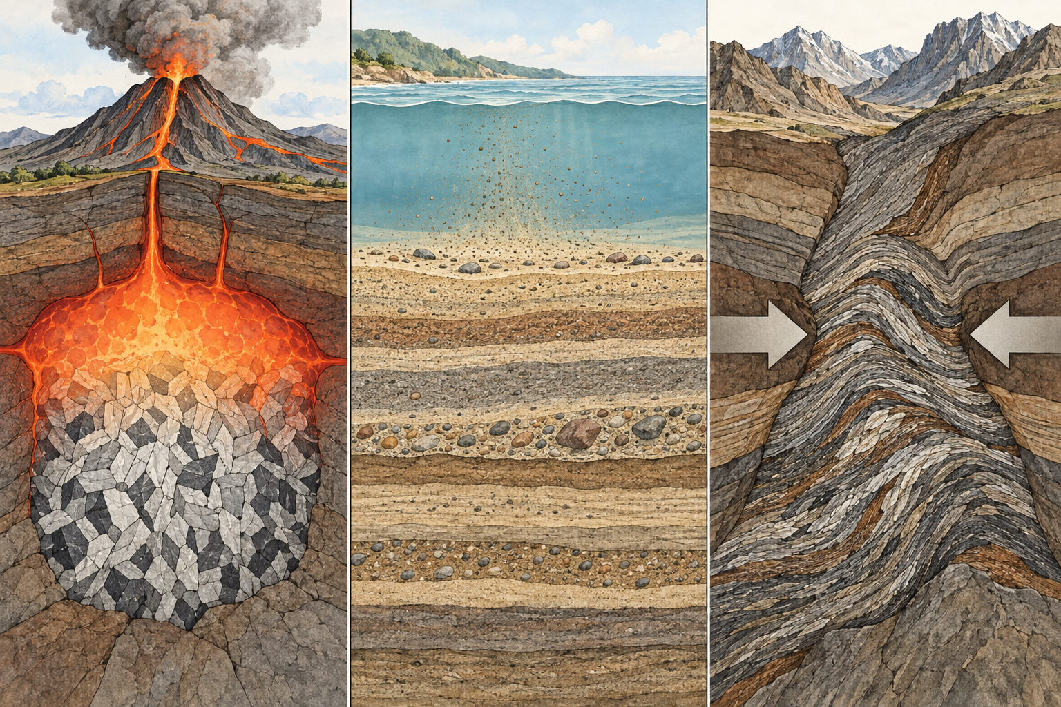 Tre sezioni affiancate mostrano cristallizzazione del magma, deposizione di sedimenti e deformazione metamorfica senza fusione.