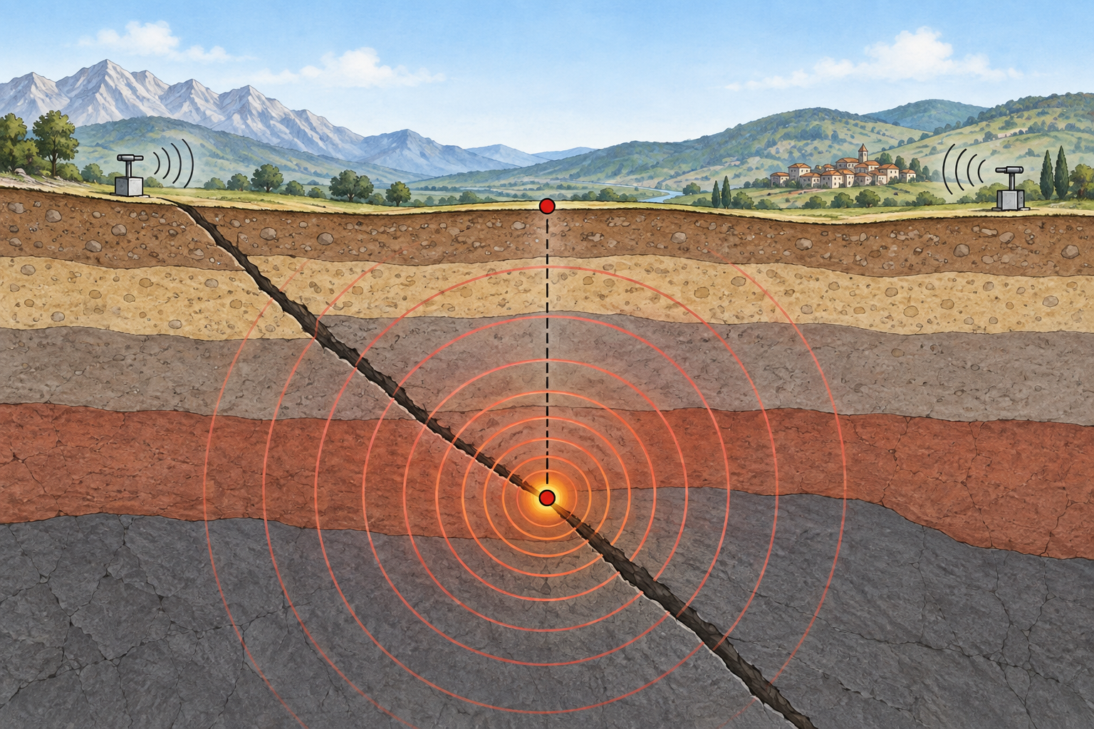 Sezione della crosta con punto di rottura in profondità, onde sismiche e punto di superficie sulla verticale, più due stazioni distanti.