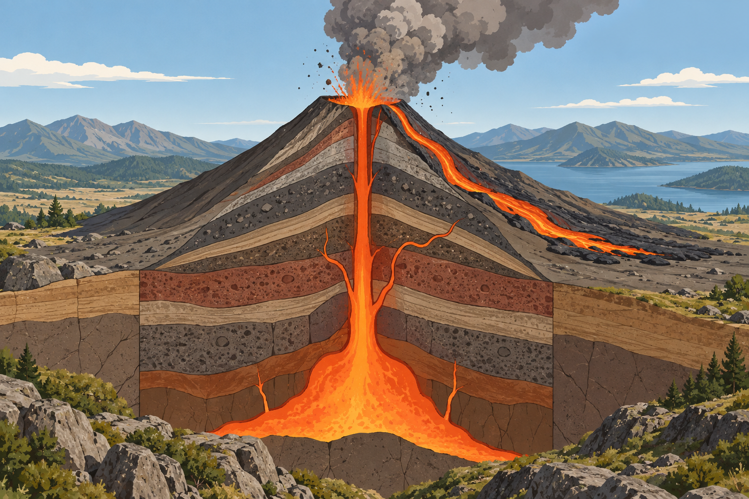 Sezione stilizzata di un vulcano generico con condotto, strati e colata verso un versante.