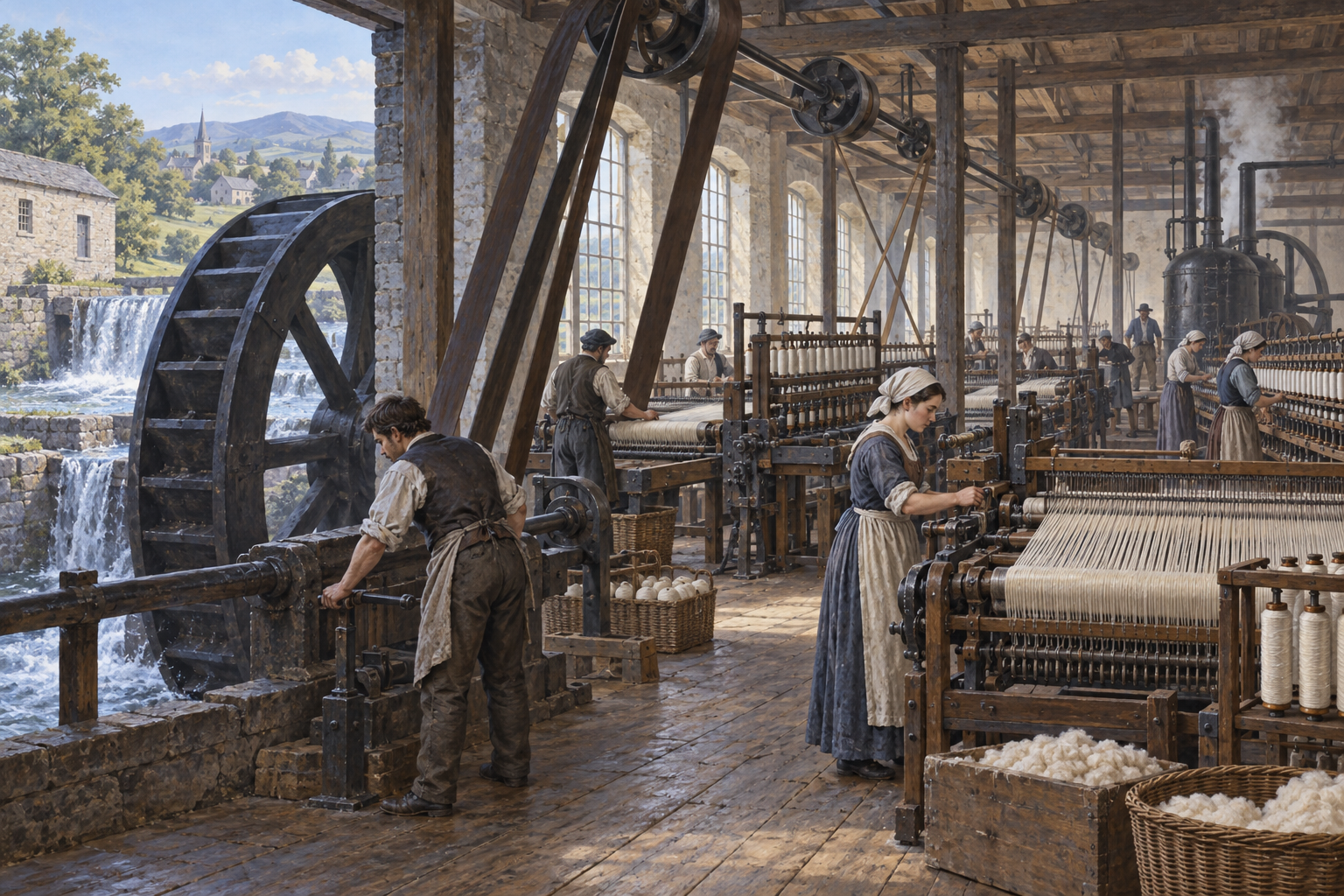 Officina tessile di aspetto ottocentesco con ruota idraulica e operai.