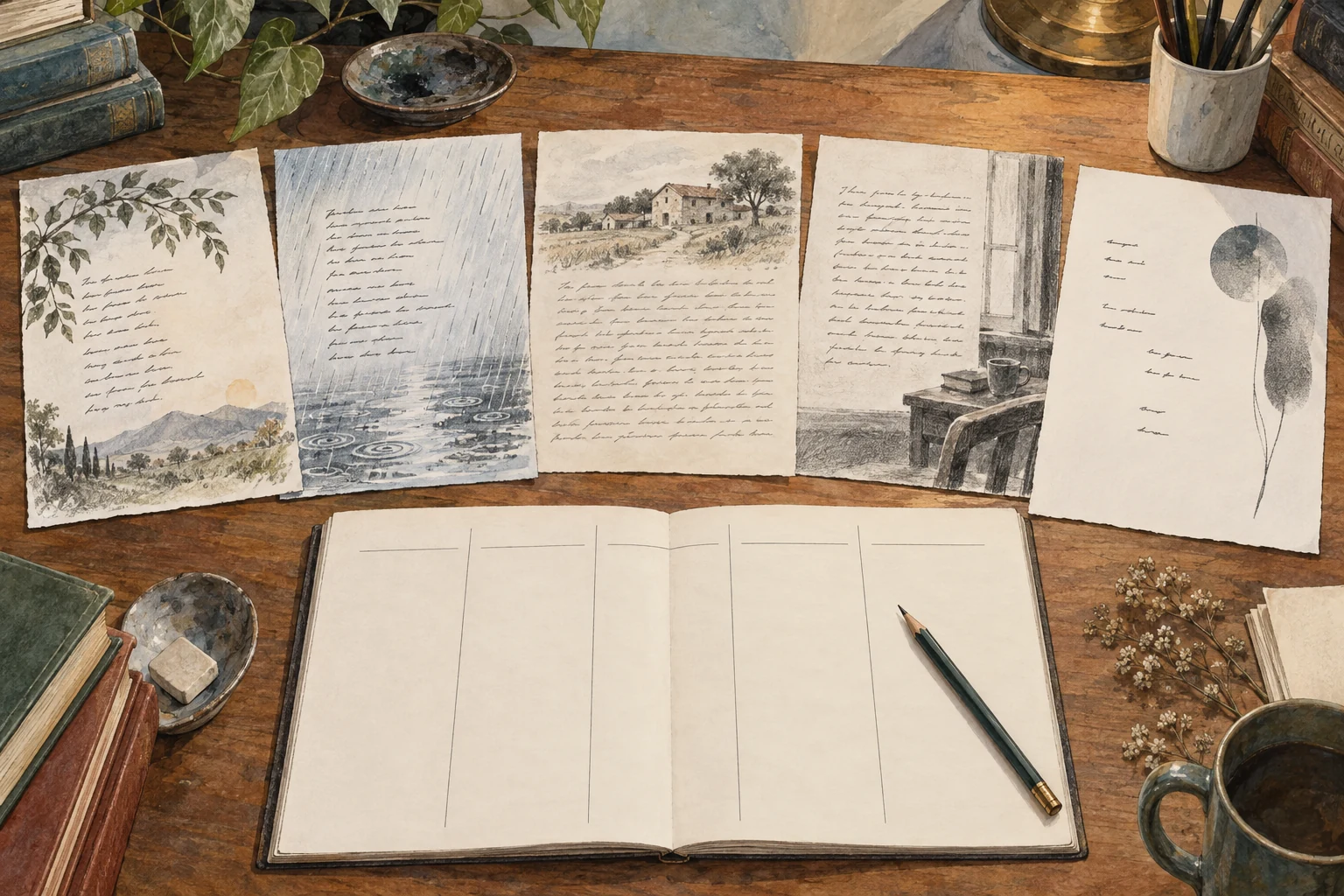 Cinque pagine letterarie fittizie con impaginazioni diverse e quaderno comparativo vuoto.