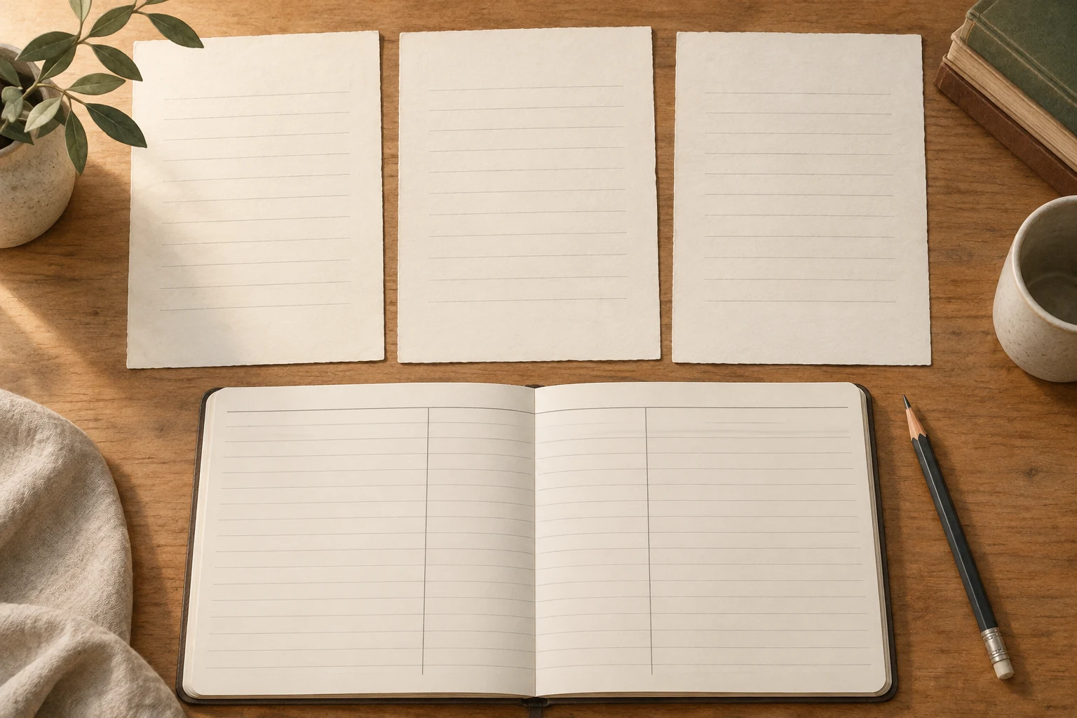Tre fogli moderni vuoti e un quaderno di confronto con colonne non compilate.