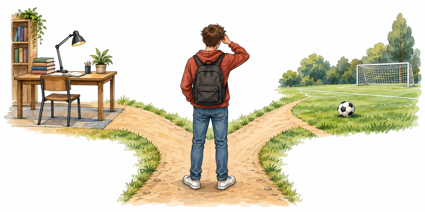 Estudante perante dois caminhos incompatíveis no mesmo intervalo: mesa de estudo e campo de futebol.