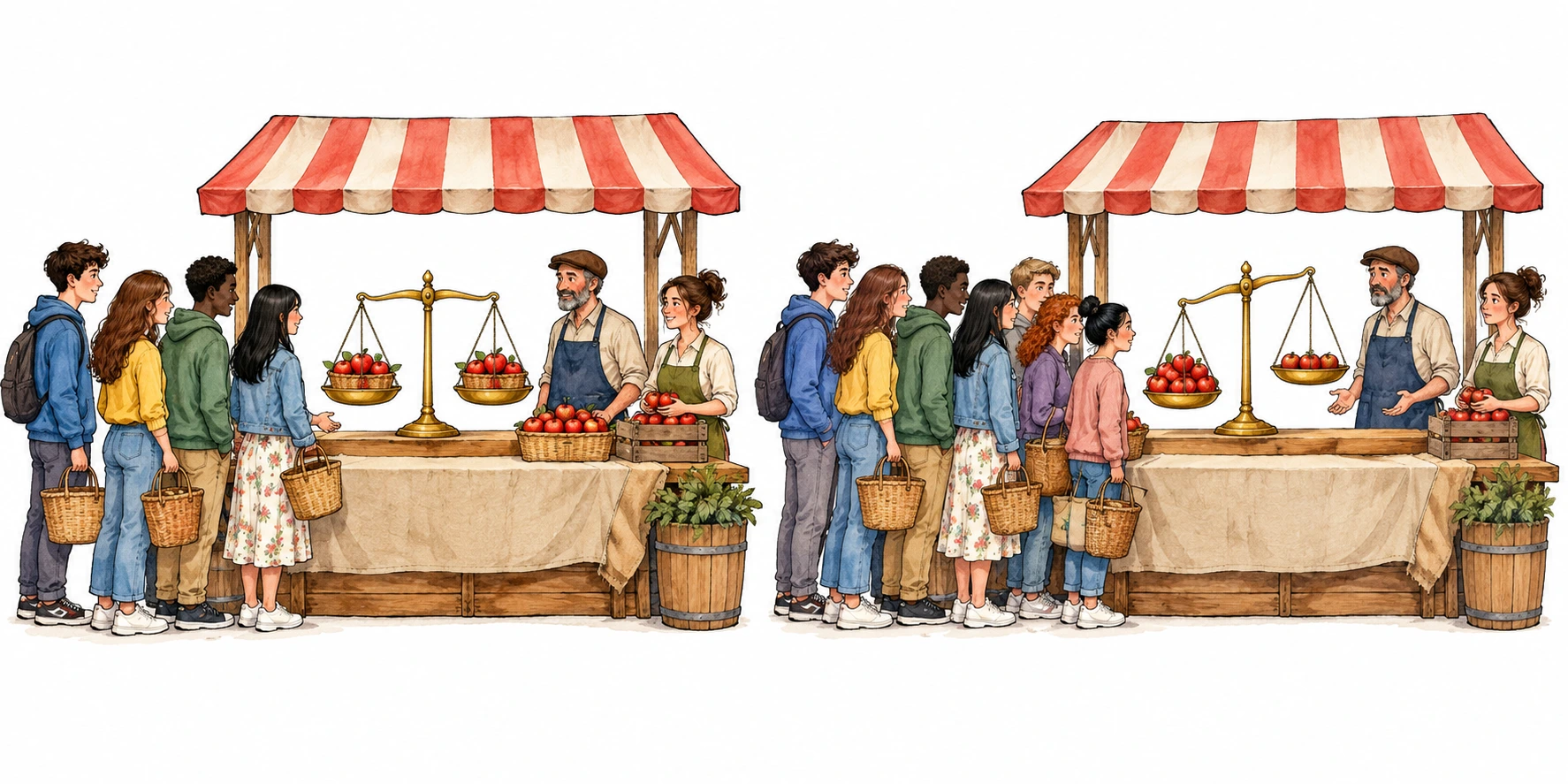 Dois painéis de uma banca de mercado: no primeiro a quantidade de maçãs expostas equilibra os compradores; no segundo há mais compradores em espera.