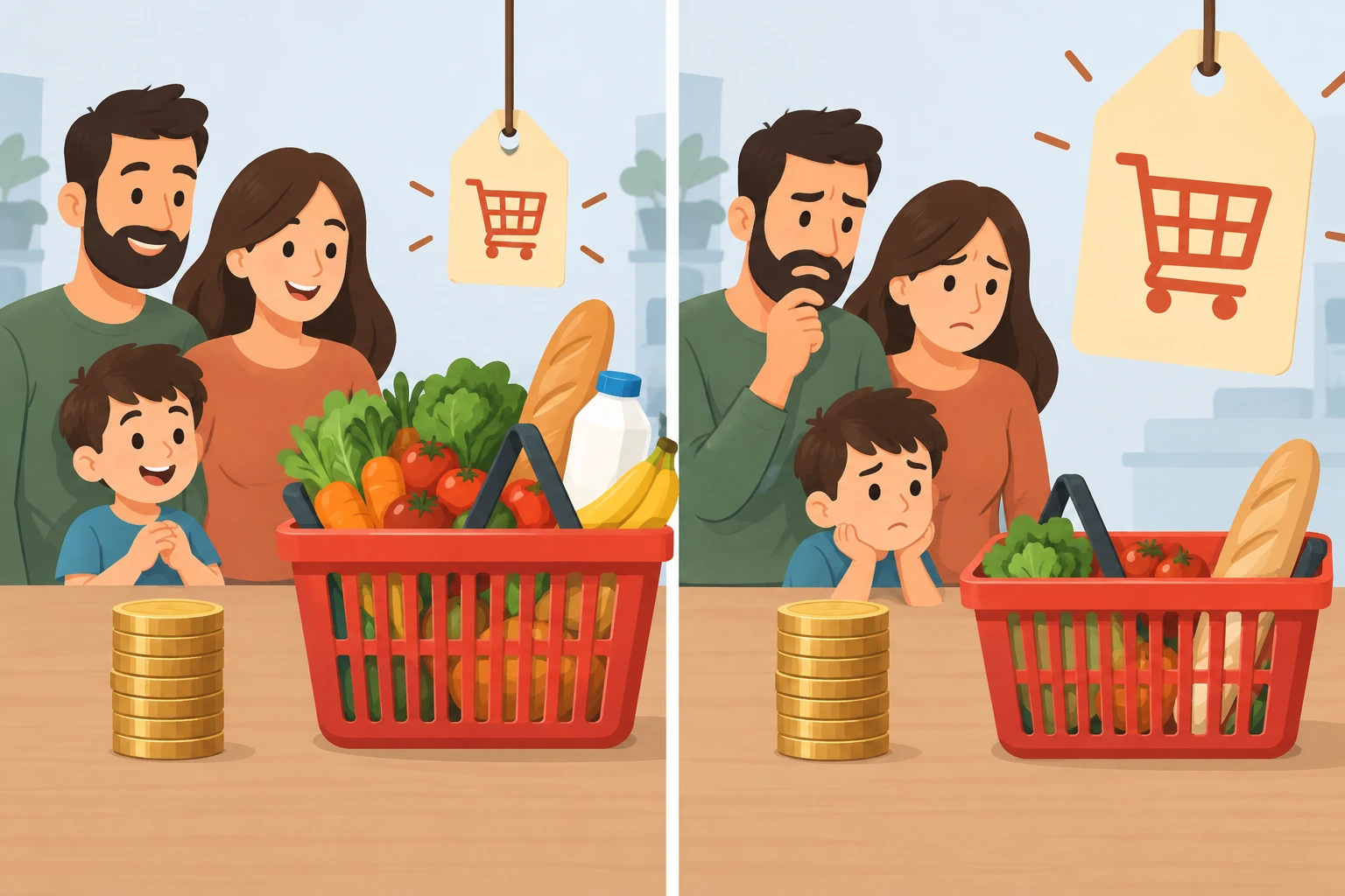 A mesma família e pilha de moedas aparecem diante de cabazes diferentes sob etiquetas de preço que crescem.