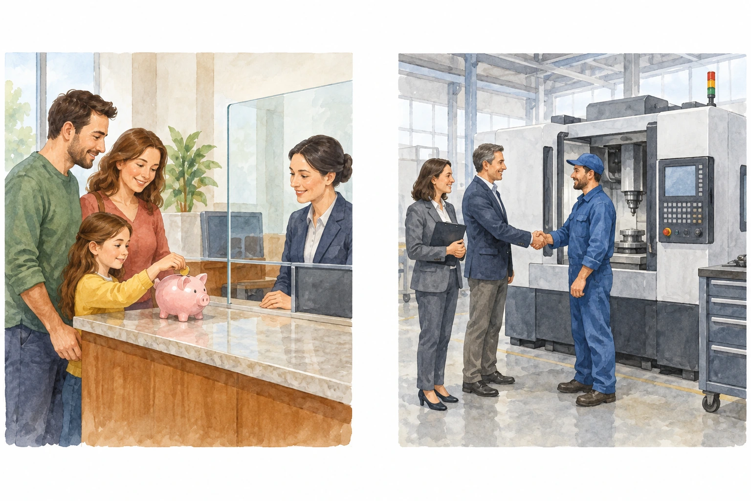 Painéis separados mostram uma família a poupar e outra empresa a comprar uma máquina.