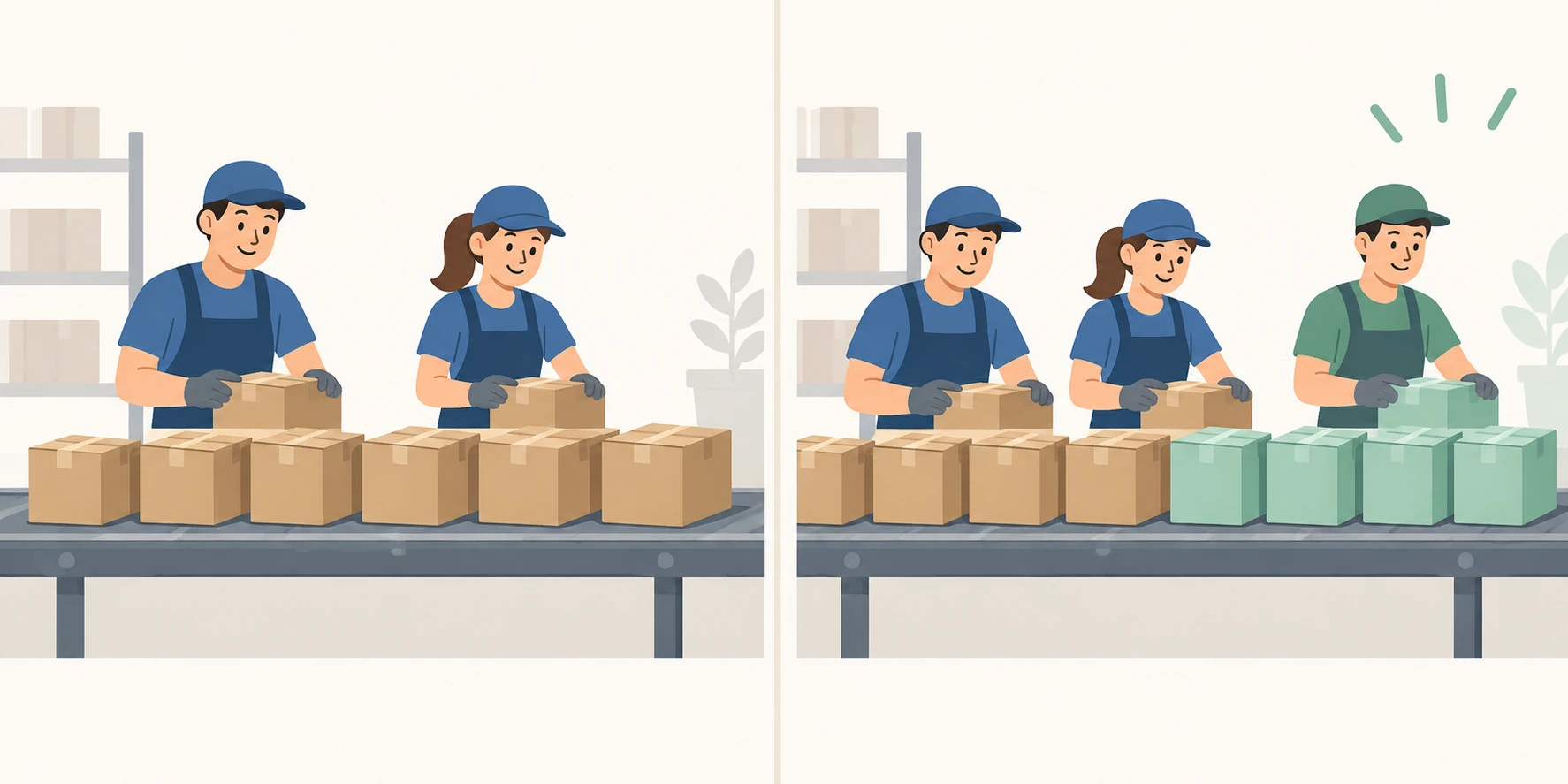 Dois trabalhadores produzem caixas; um terceiro entra e acrescenta caixas verdes ao conjunto.