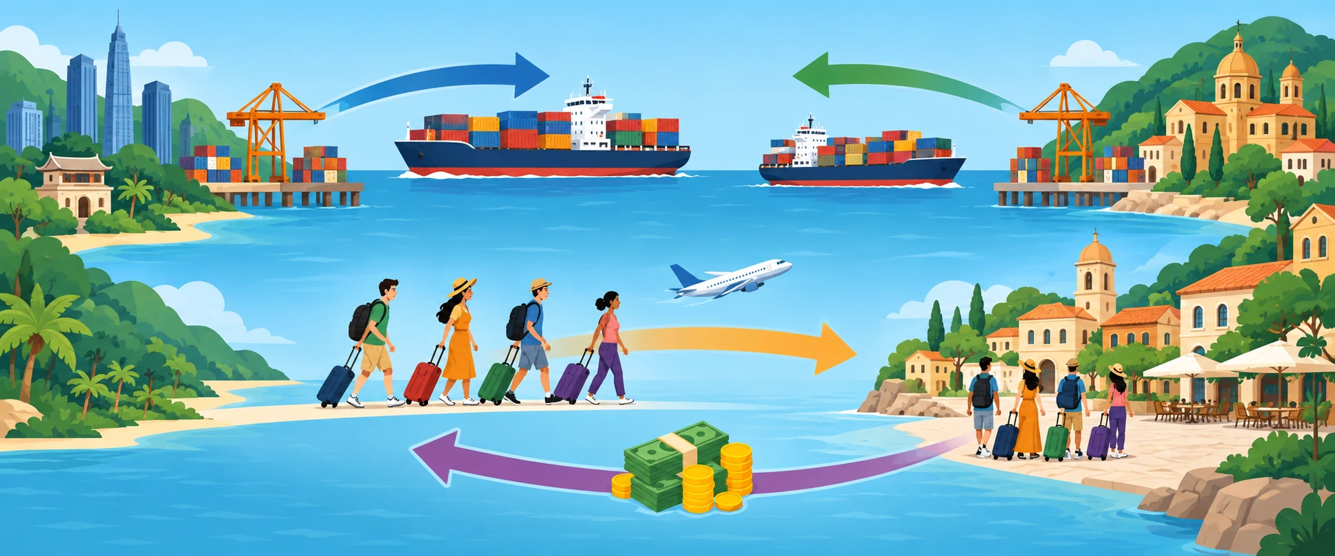 Três cenas mostram exportação de bens, serviço turístico e pagamento externo.