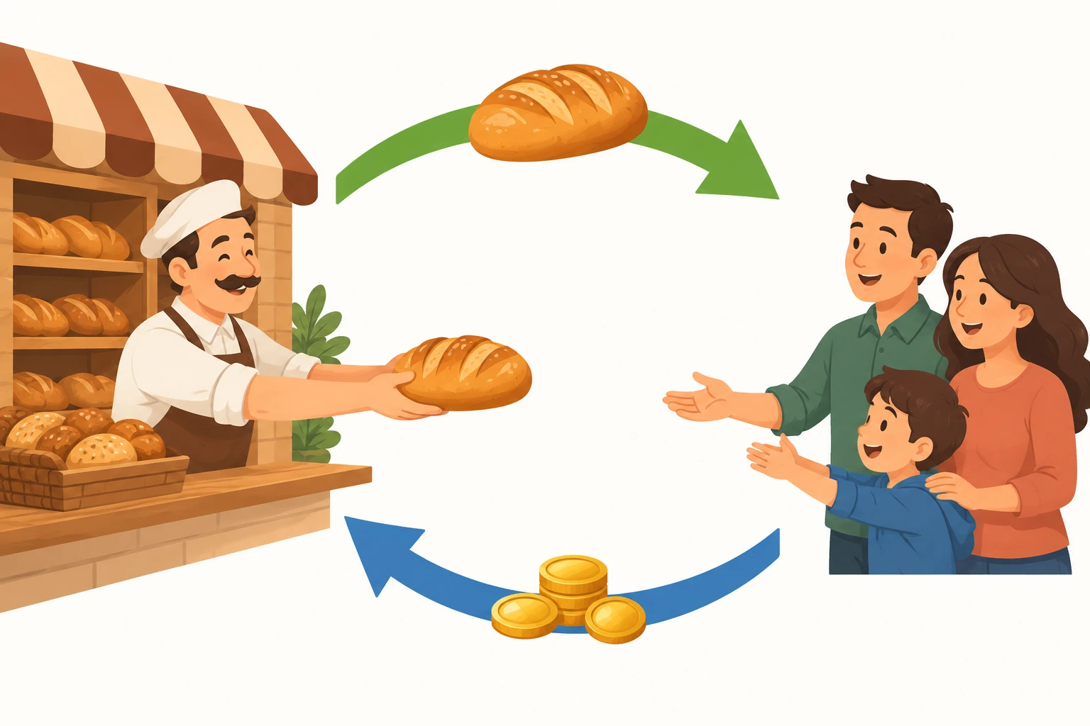Padeiro entrega pão a uma família enquanto moedas circulam no sentido oposto.