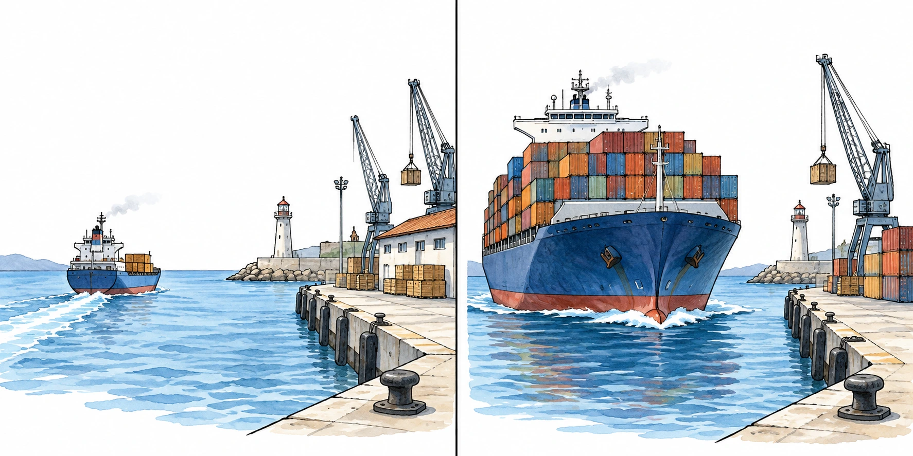 Painéis de um porto fictício: navio menor sai com poucas caixas e navio maior aproxima-se com muitas caixas.