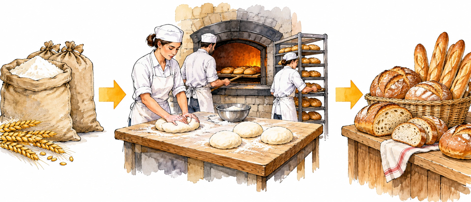 Três momentos da produção de pão: farinha, transformação na padaria e pães prontos.