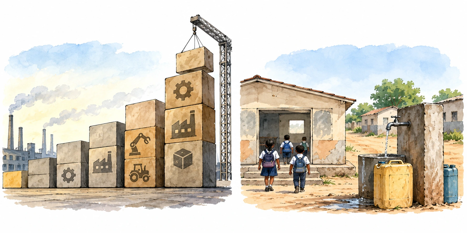 Blocos de produção crescem num painel; noutro há escola e acesso à água ainda por melhorar.