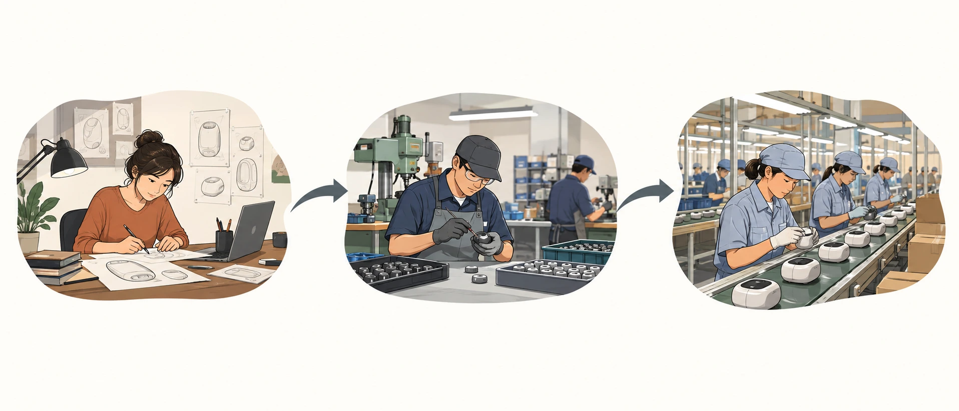 Três etapas de um produto fictício: desenho, componentes e montagem em espaços separados.