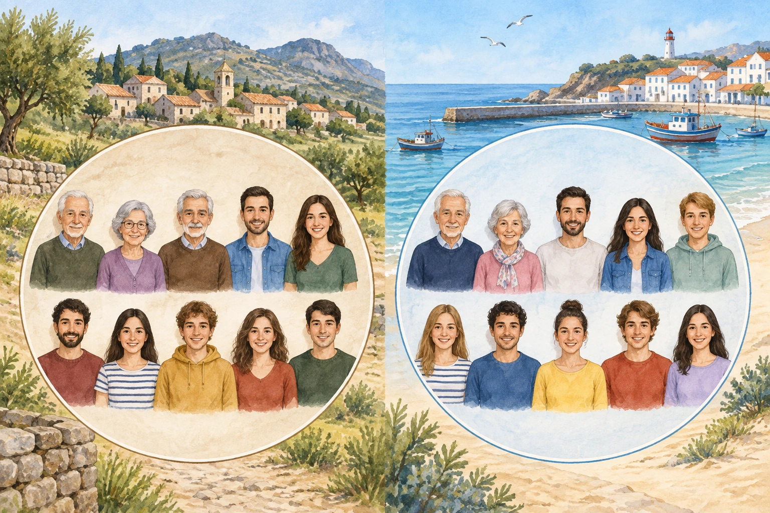 Dois concelhos fictícios com dez retratos: três idosos no interior e dois no litoral.