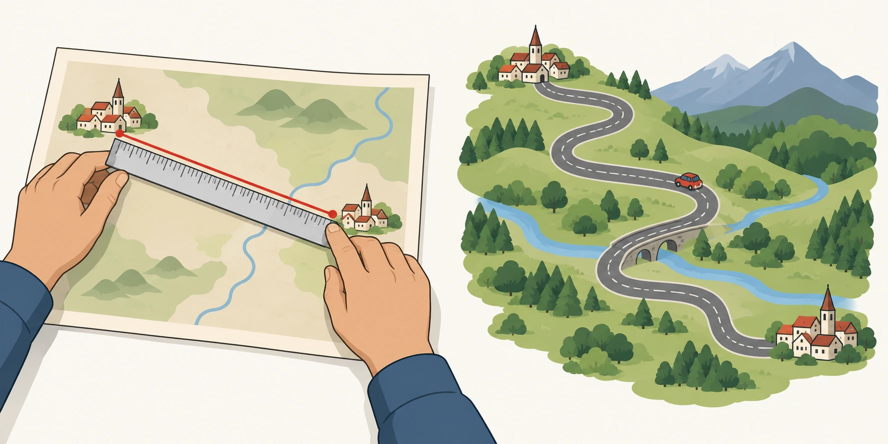 Régua mede linha reta entre localidades fictícias num mapa, ao lado de uma estrada sinuosa entre elas.