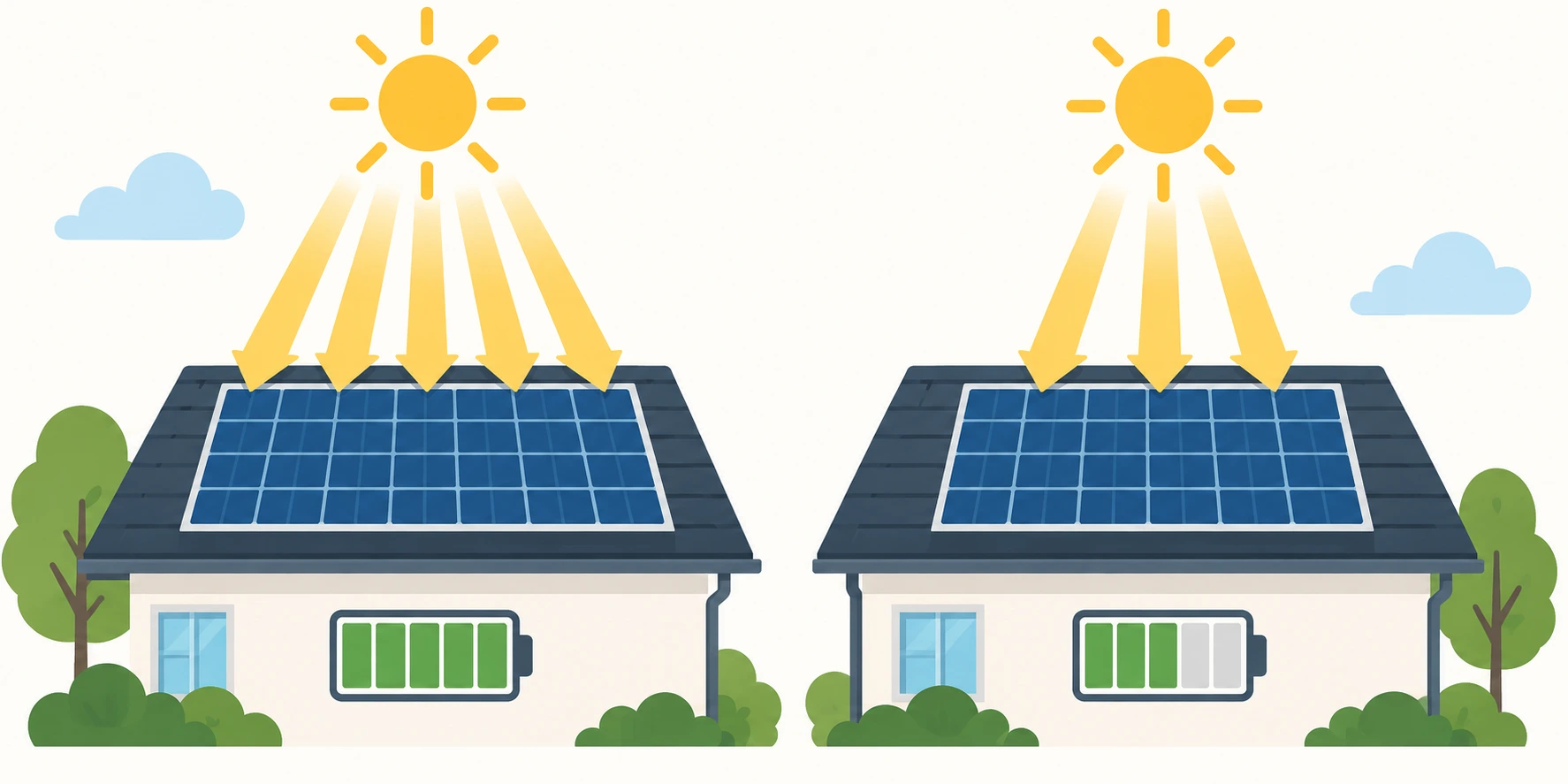 Dois painéis solares idênticos recebem cinco e três feixes de luz em situações didáticas distintas.