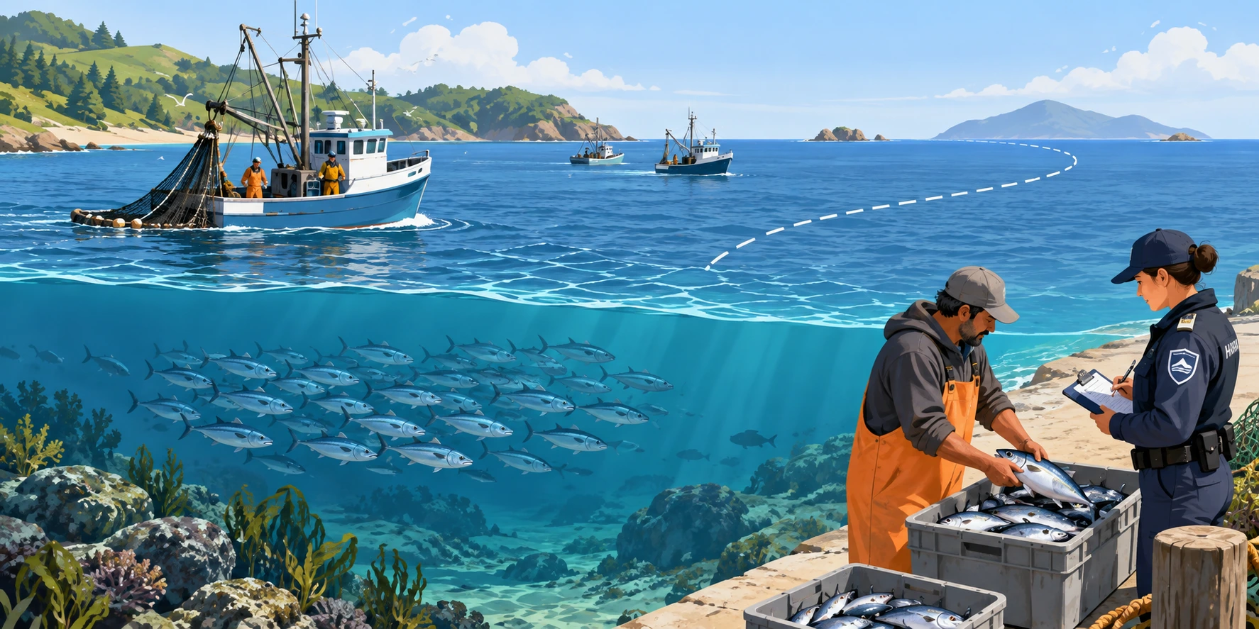 Pesca, cardume e registo de capturas em costa fictícia com limite marítimo conceptual.
